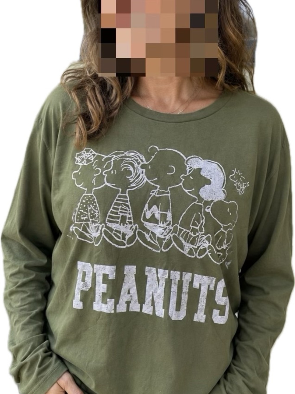 Peanuts Olive Long-Sleeve Tee with White Character Graphic